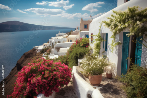 Blooming plants in large clay pots or planters or vases on the terrace of elegant Mediterranean house with sea view in traditional Greek architecture with white walls. Generative AI