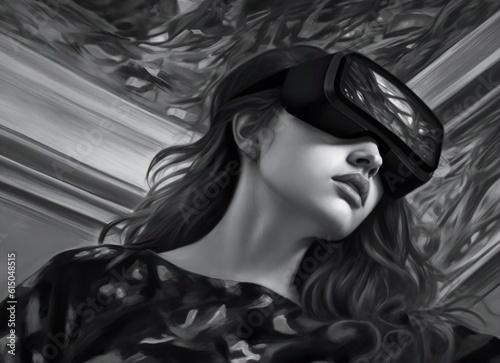  AI-generated illustration of woman embraces the convergence of technology and artistry through a futuristic VR helmet. A harmonious fusion of femininity and technology. Exploring new frontier