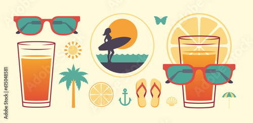 Summer retro clipart set lifestyle travel vacation badge sticker 80s logo t shirt print vector flat
