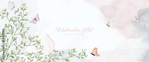 Abstract art watercolor foliage and butterflies painting background