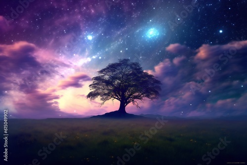 Dark blue indigo sky meets purple cosmic sky under the spell of a starry night sky  a dreamy escape  small tree Generative AI