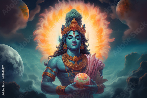 Culture and religious, states of mind concept. Hindu god Krishna and cloud ball surreal illustration. Generative AI