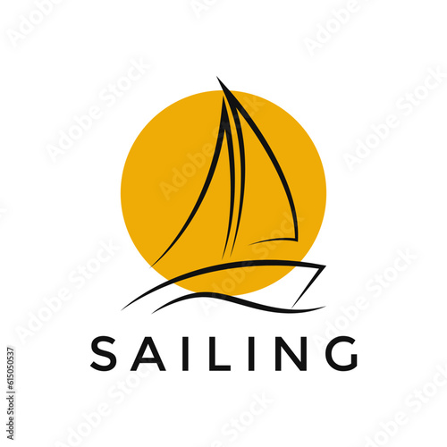 Sailboat Sailing Ship in Sea Ocean Wave With Sun Logo Design