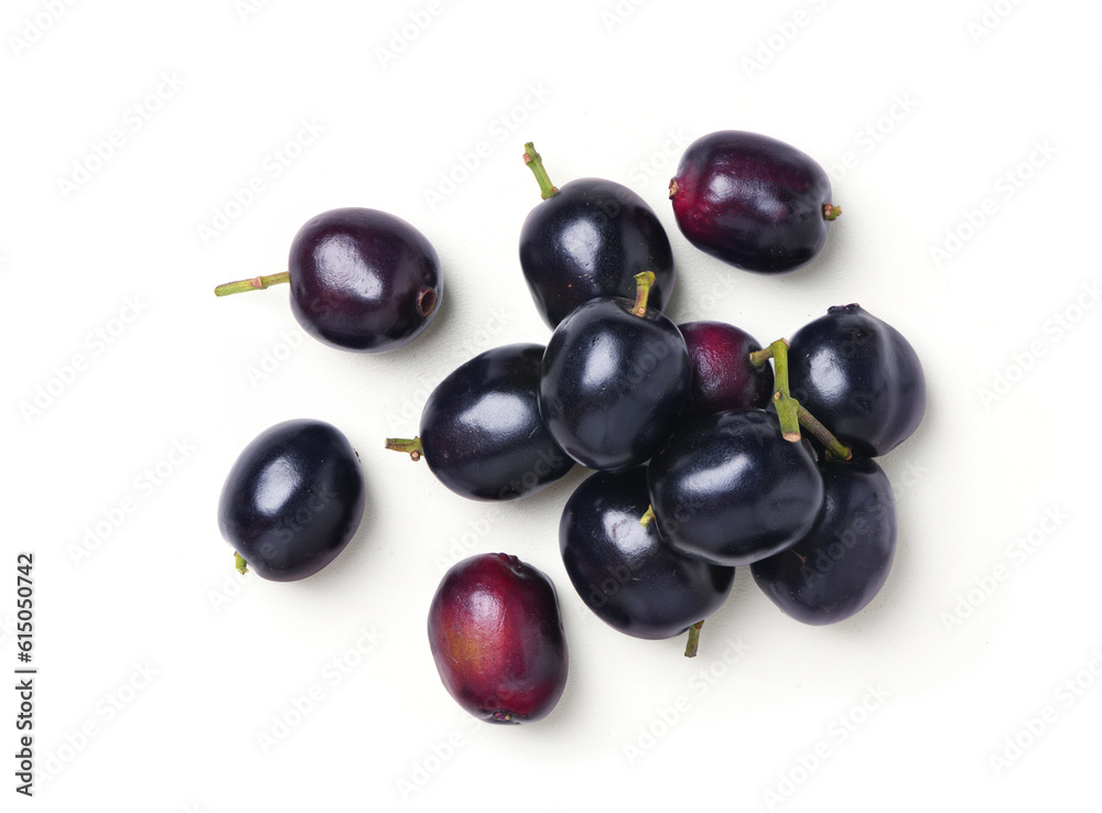 Top view of Jambolan plum isolated on white background. Clipping path Top view of Jambolan plum isolated on white background. Clipping path