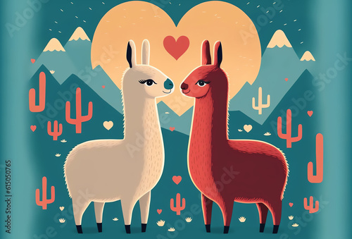 Romantic animals couple love lamas dating desert photo