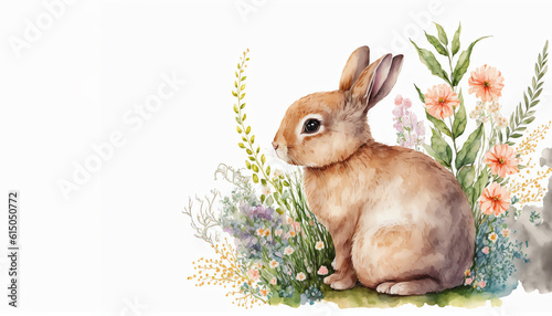 Spring bunny watercolor animals hare in meadow