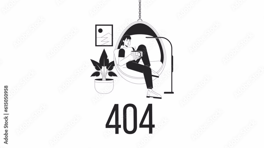 Cozy lifestyle bw 404 animation. Girl with mug drinking tea. Empty state 4K video concept footage with alpha channel transparency. Outline monochrome page not found flash message for UI, UX web design Cozy lifestyle bw 404 animation. Girl with mug drinking tea. Empty state 4K video concept footage with alpha channel transparency. Outline monochrome page not found flash message for UI, UX web design