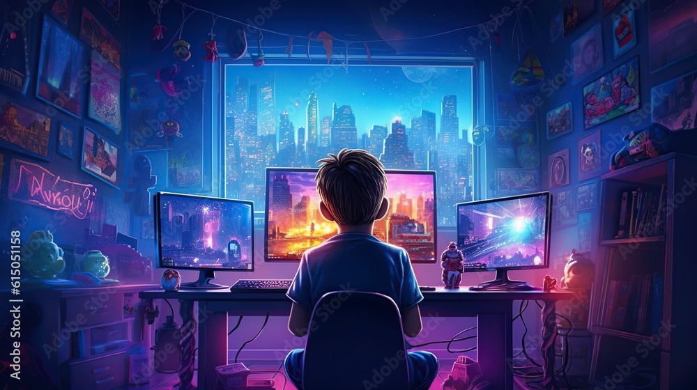 illustration, boy playing video games in the room,generative ai
