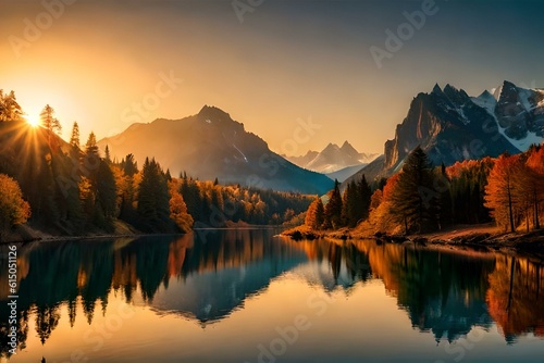 Broken Top reflect over the calm waters of Sparks Lake at sunrise in the Cascades Range in Central Oregon  USA in an early morning light. Morning mist rises from lake into trees