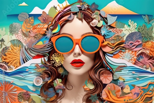 Fashion Girl with Sun Glasses in the beach. Retro Effect. Generative AI