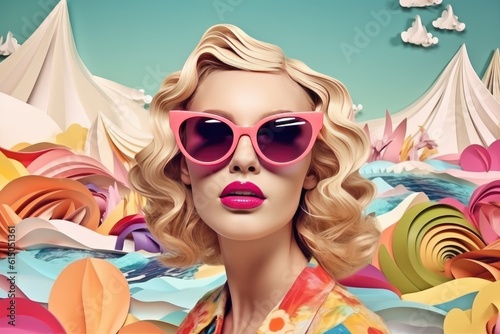 Fashion Girl with Sun Glasses in the beach. Retro Effect. Generative AI