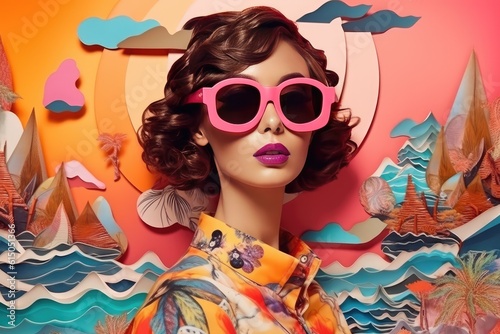 Fashion Girl with Sun Glasses in the beach. Retro Effect. Generative AI