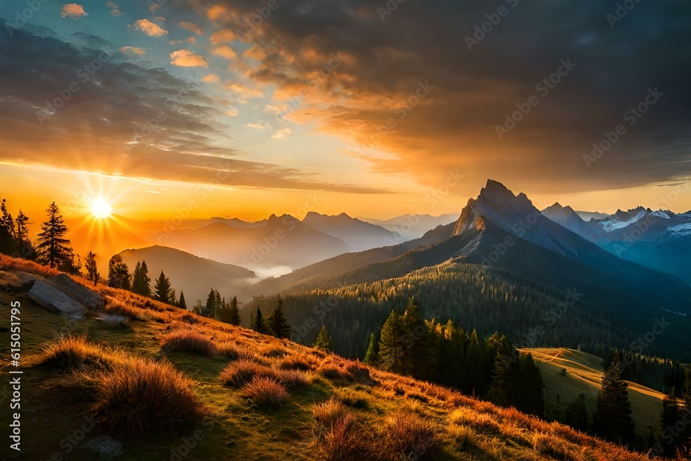 Sunrise over Swiss mountains in autumn. Generative AI
