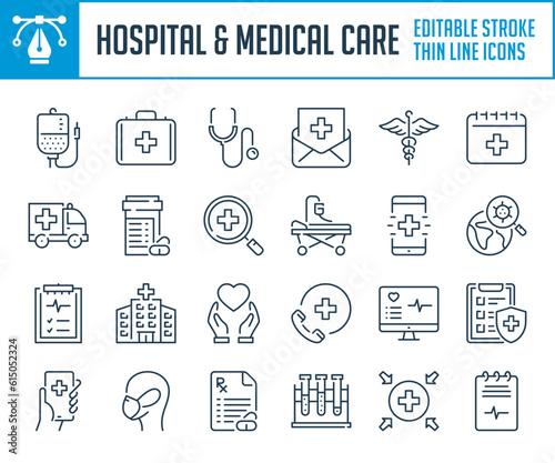 Hospital and Medical care thin line icons. Healthcare and Medicine outline icon set. Editable stroke icons.