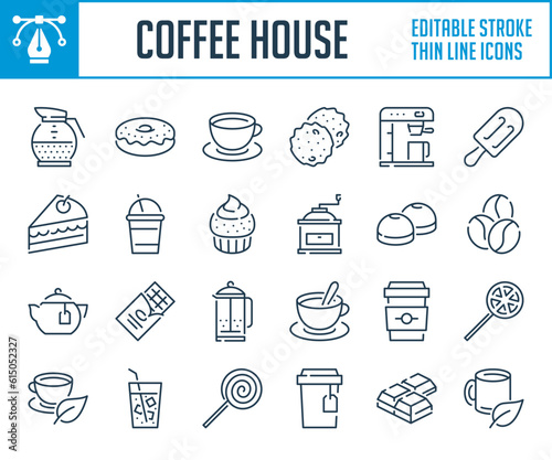 Coffee House thin line icons. Coffee, Tea, Desserts and Sweets outline icon set. Editable stroke icons.