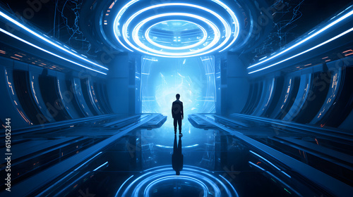 Man Standing in Front of Futuristic Technology Hall with Mesmerizing Interior Design