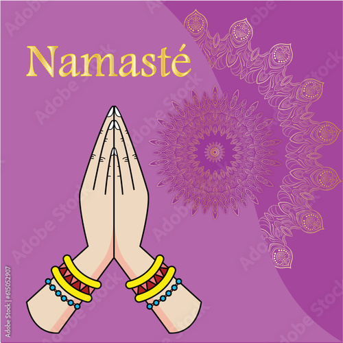 Elegant greeting card with illustration of beautiful 
women's hand in Indian greeting (Namaste) pose on
floral mandala design decorated background for
 Happy Onam, puja  festival celebration.
