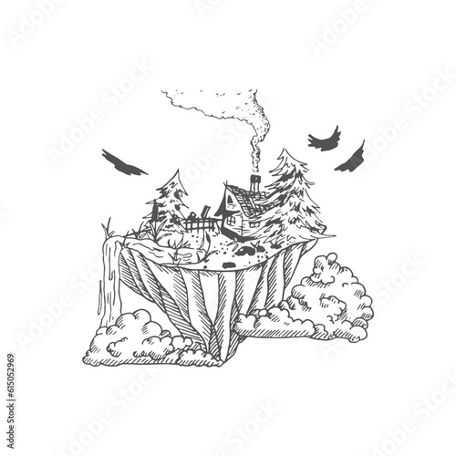 Handdrawn landscape illustration, Nature artwork, Mountains, Drawing, Nature design, Tattoo handdrawn