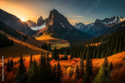  sunset in the mountains , autumn forest in the morning