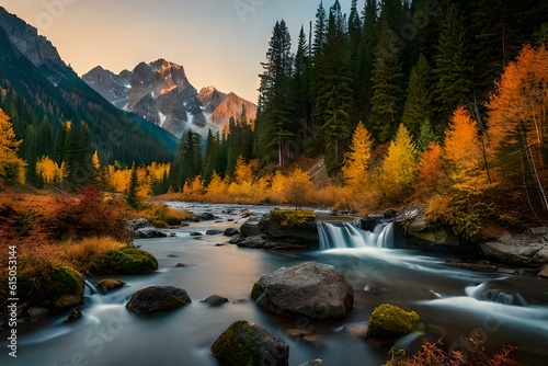  sunset in the mountains , autumn forest in the morning