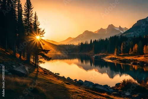  sunset in the mountains , autumn forest in the morning