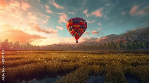 Hot air balloon over the field with beautyful aurora generative ai