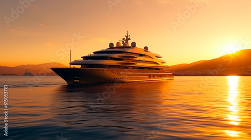 A luxury mega yacht with golden glass in the ocean at a sunset. Generative AI © Aram