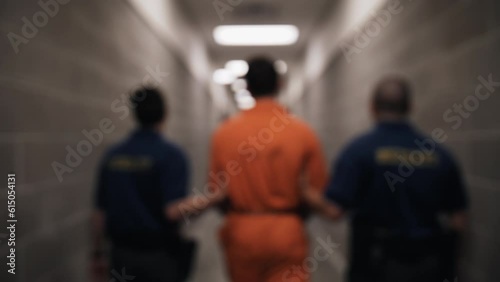 Prison guards lead convicted man in prison, prisoner wearing orange jumpsuit in handcuffs, shackles walking to prison cell. Cop, police, inmate, convicted, crime, criminal, handcuffed, arrested. photo