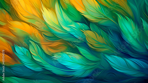 Abstract background with feather pattern, gradients and texture, digital painting in blue, green and gold colours. Generative AI