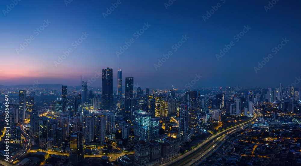Aerial view of peaceful city before sunrise