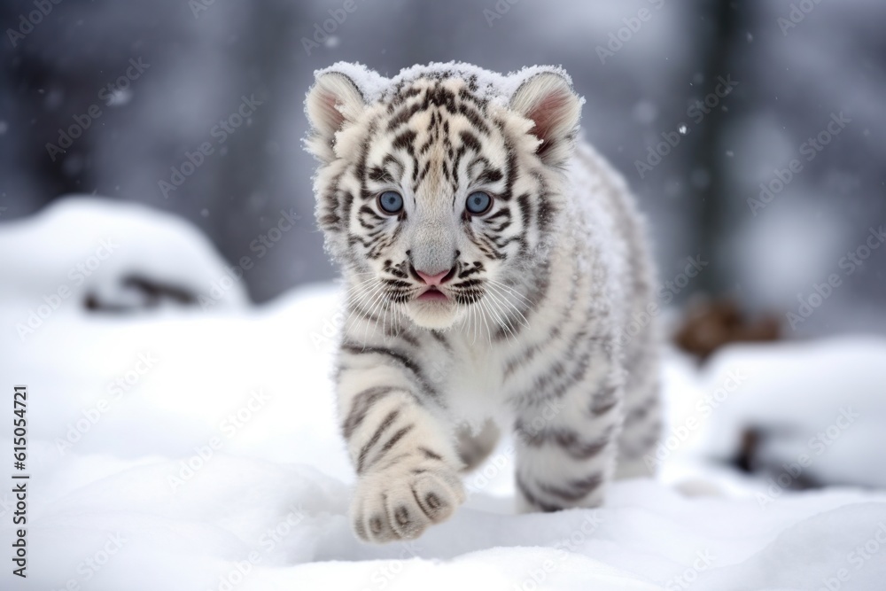 Obraz premium cartoon illustration, a cute tiger running in the snow, ai generative
