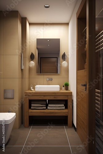 Eco style interior of bathroom in modern country house. AI generated