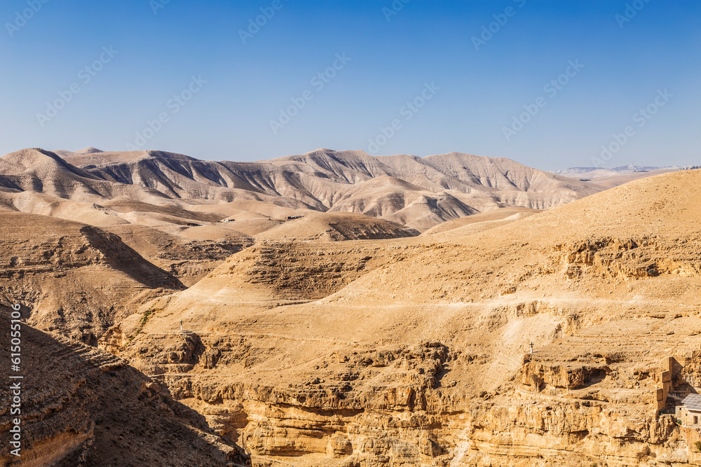 Judean Desert with Wadi Kelt Gorge, Palestinian Authority. Canyon near the Saint George monastery