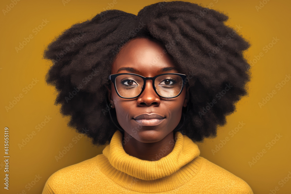 Generative AI illustration of a Portrait of black young woman with glasses wearing a yellow sweatshirt on a brown background