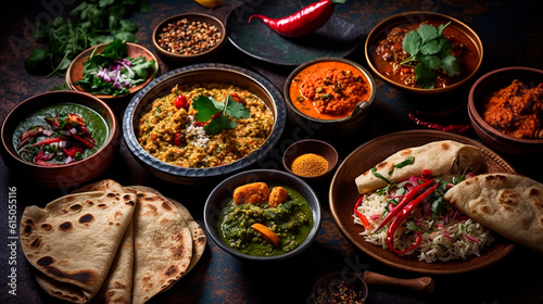 Assorted various Indian food on a dark rustic background. Generative AI