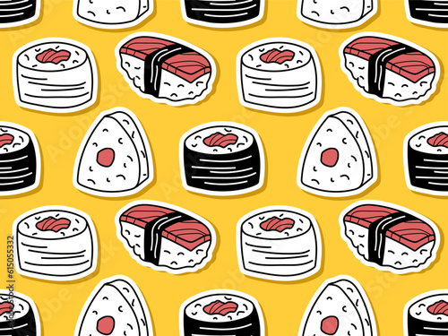 Seamless pattern with Traditional Japan food. Fresh sushi set isolated. Asian Sushi onigiri and rolls in sketch style. Repeated vector for wallpaper, textile, wrapping, scrapbooking. Sushi collection.