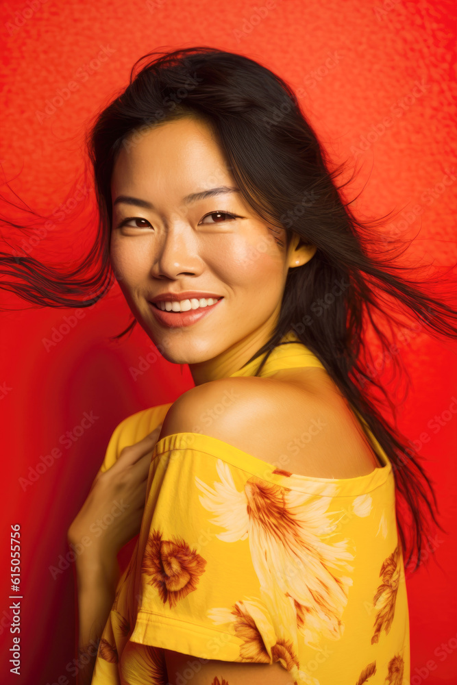 Generative AI illustration of a asian woman smiling over red background