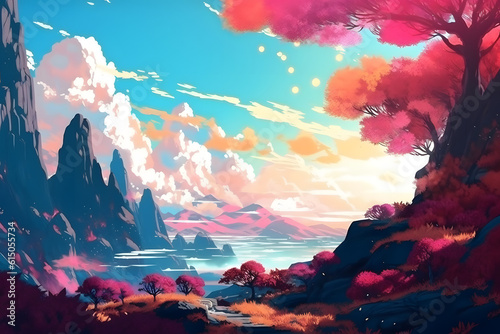 Beautiful animated scenery, background. Generative AI © PIRMYN
