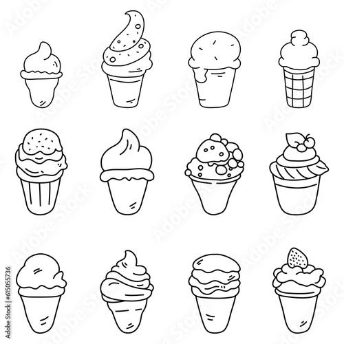Ice cream doodle set, simple line hand drawn vector illustration.