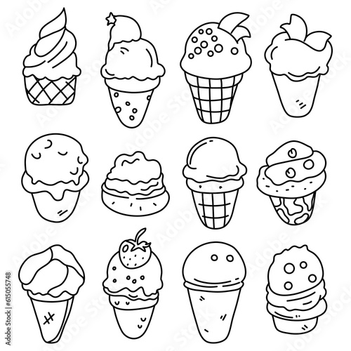 Ice cream doodle set, simple line hand drawn vector illustration.