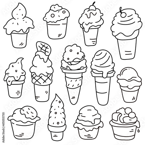 Ice cream doodle set, simple line hand drawn vector illustration.