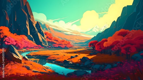 Beautiful cartoon landscape, background. Generative AI