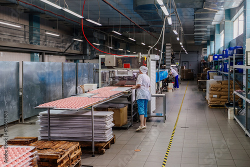 Confectionery workers sorting zephyrs on conveyor belt