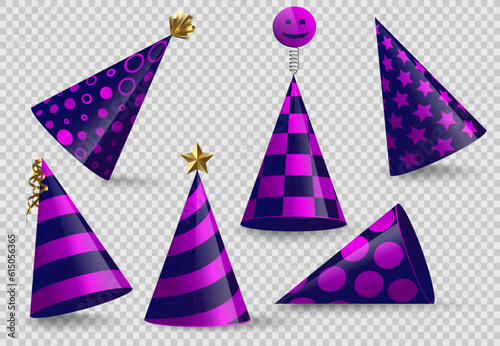 Party cone hat set isolated on transparent background. Birthday festive hat collection in different positions  angles. Vector fun decoration. Blue pink party luxury surprise costume icon