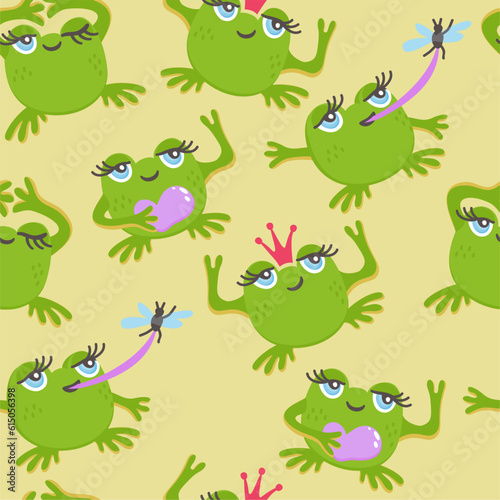 Vector seamless pattern with cute frogs on light beige background.