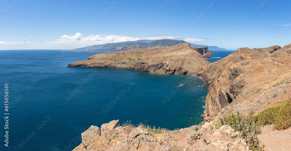 Amazing panoramic view at the huge natural cliffs over the ocean, St. Lourenço Cape or Cabo de São Lourenço, on Madeira Island, Portugal