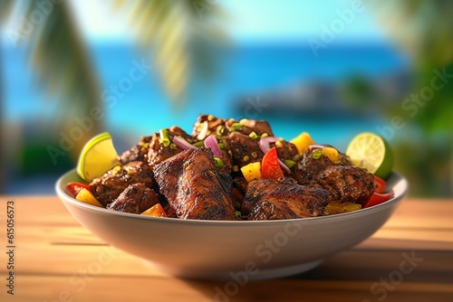 A bowl of spicy Caribbean jerk chicken photo