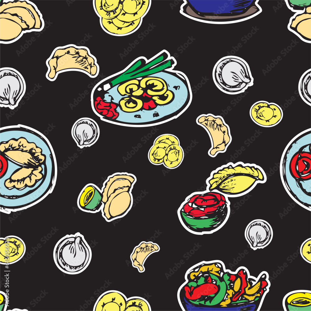 seamless pattern with dishes of dumplings on a dark background