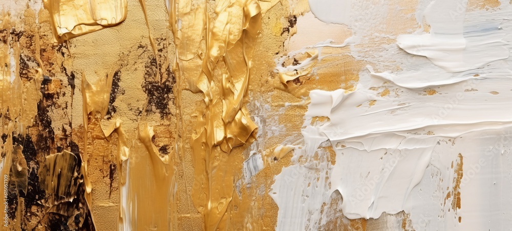 Closeup of abstract rough gold white art painting texture, with oil brushstroke, pallet knife paint on canvas (Generative Ai) - obrazy, fototapety, plakaty 