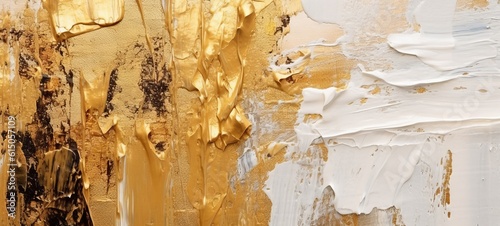 Closeup of abstract rough gold white art painting texture, with oil brushstroke, pallet knife paint on canvas (Generative Ai)
